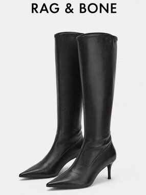 Rag & Bone Mercer Leather Knee High Boots Black Pointed Toe Kitten Heel EU 37